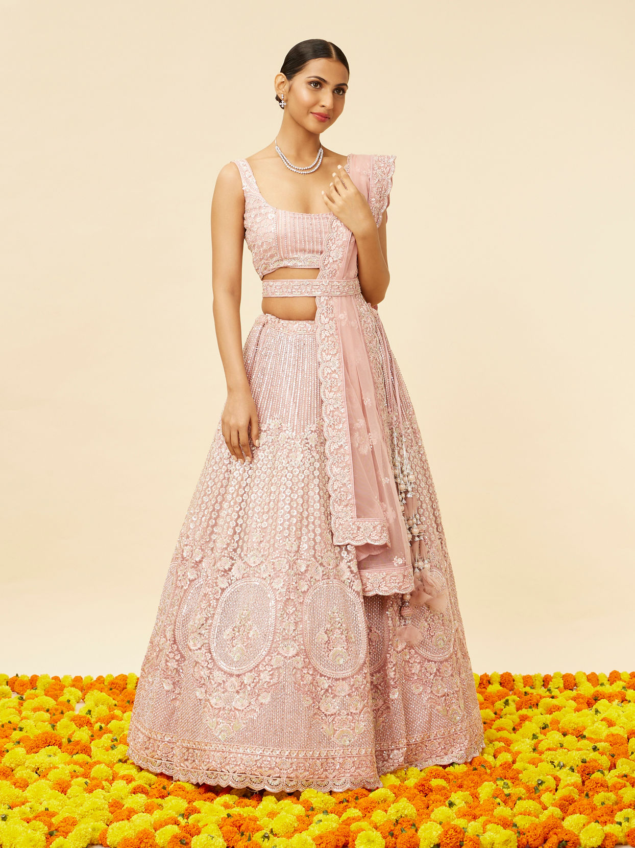 Blush Pink Rhinestone and Sitara Embroidered Bridal Lehenga image number 0
