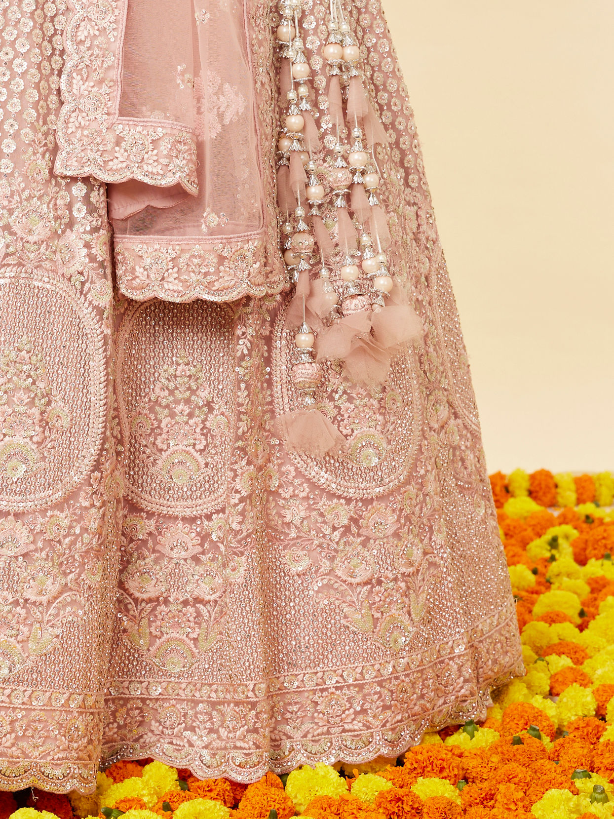 Mohey Women Blush Pink Rhinestone and Sitara Embroidered Bridal Lehenga
