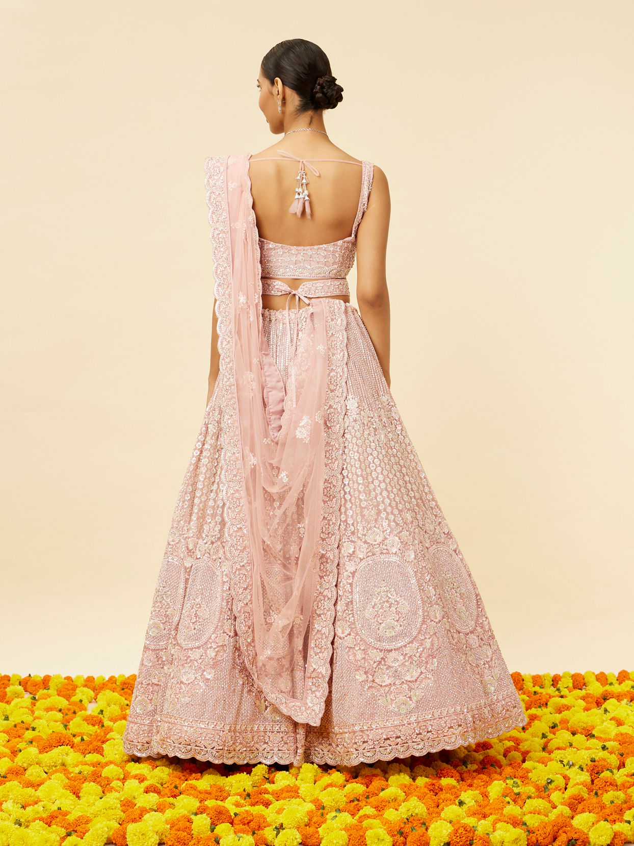 Mohey Women Blush Pink Rhinestone and Sitara Embroidered Bridal Lehenga