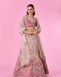 Mohey Women Coral Pink Bel Buti Embroidered Bridal Lehenga