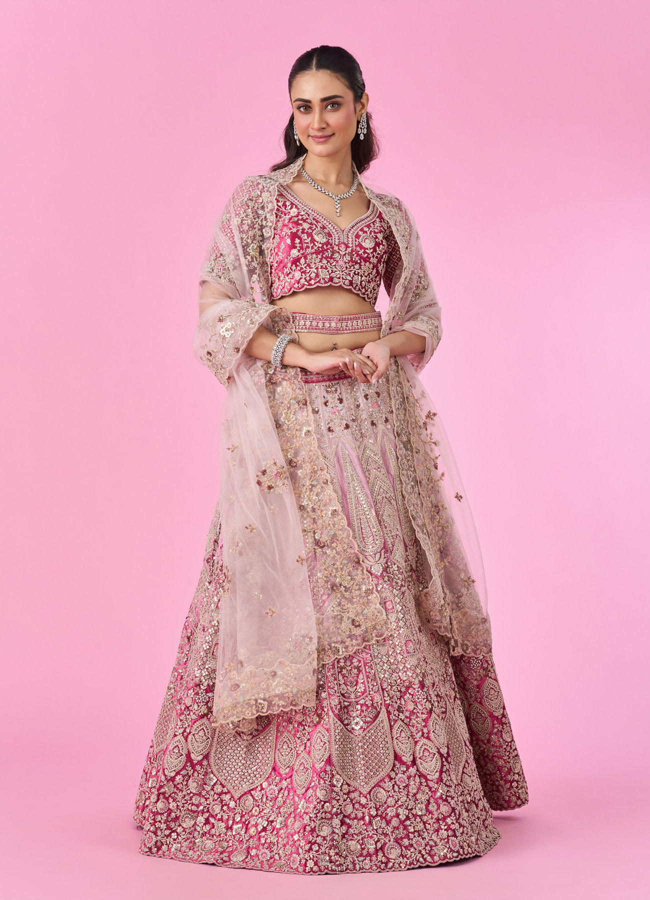 Mohey Women Coral Pink Bel Buti Embroidered Bridal Lehenga