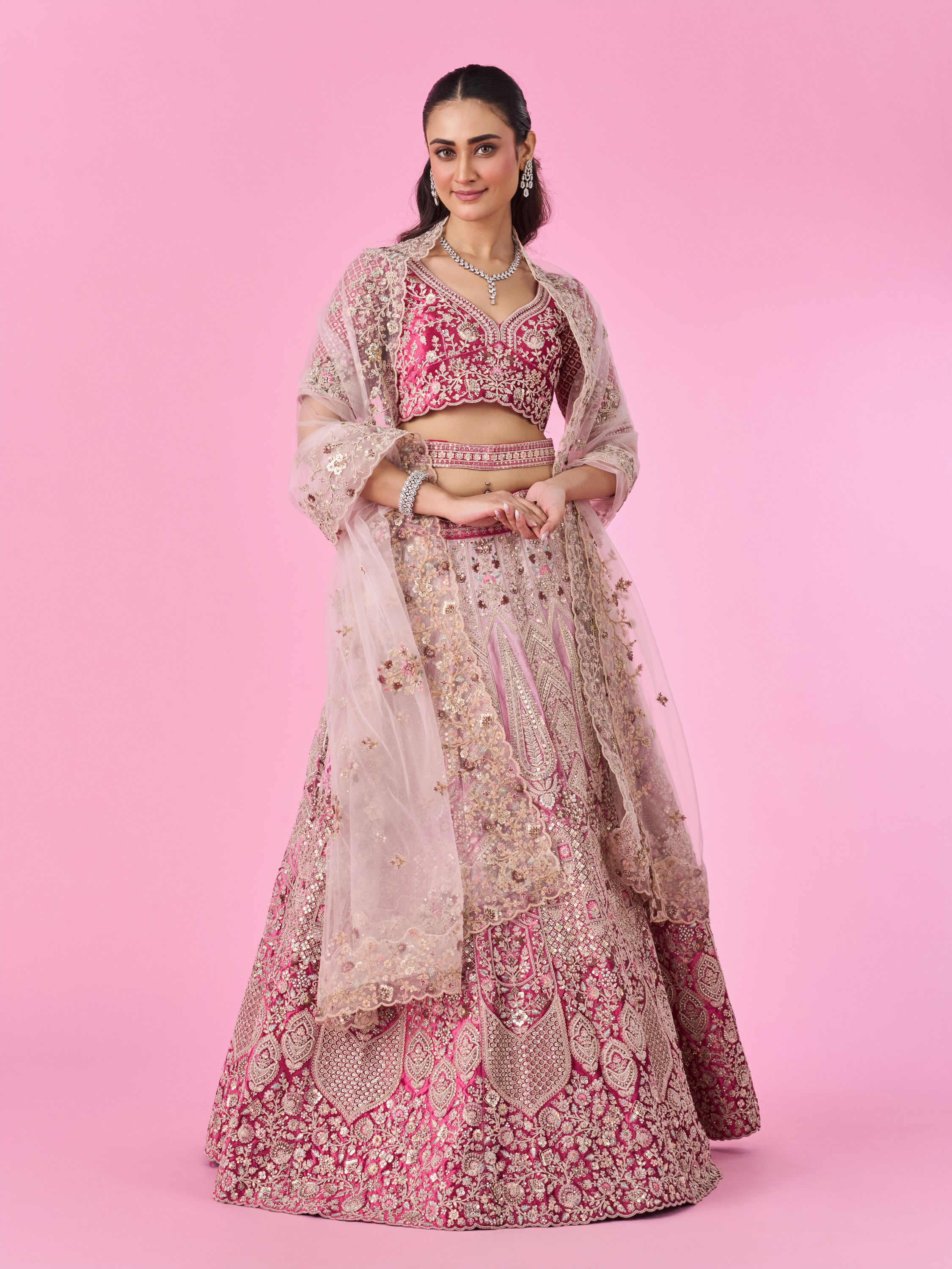 Mohey Women Coral Pink Bel Buti Embroidered Bridal Lehenga