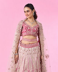 Mohey Women Coral Pink Bel Buti Embroidered Bridal Lehenga
