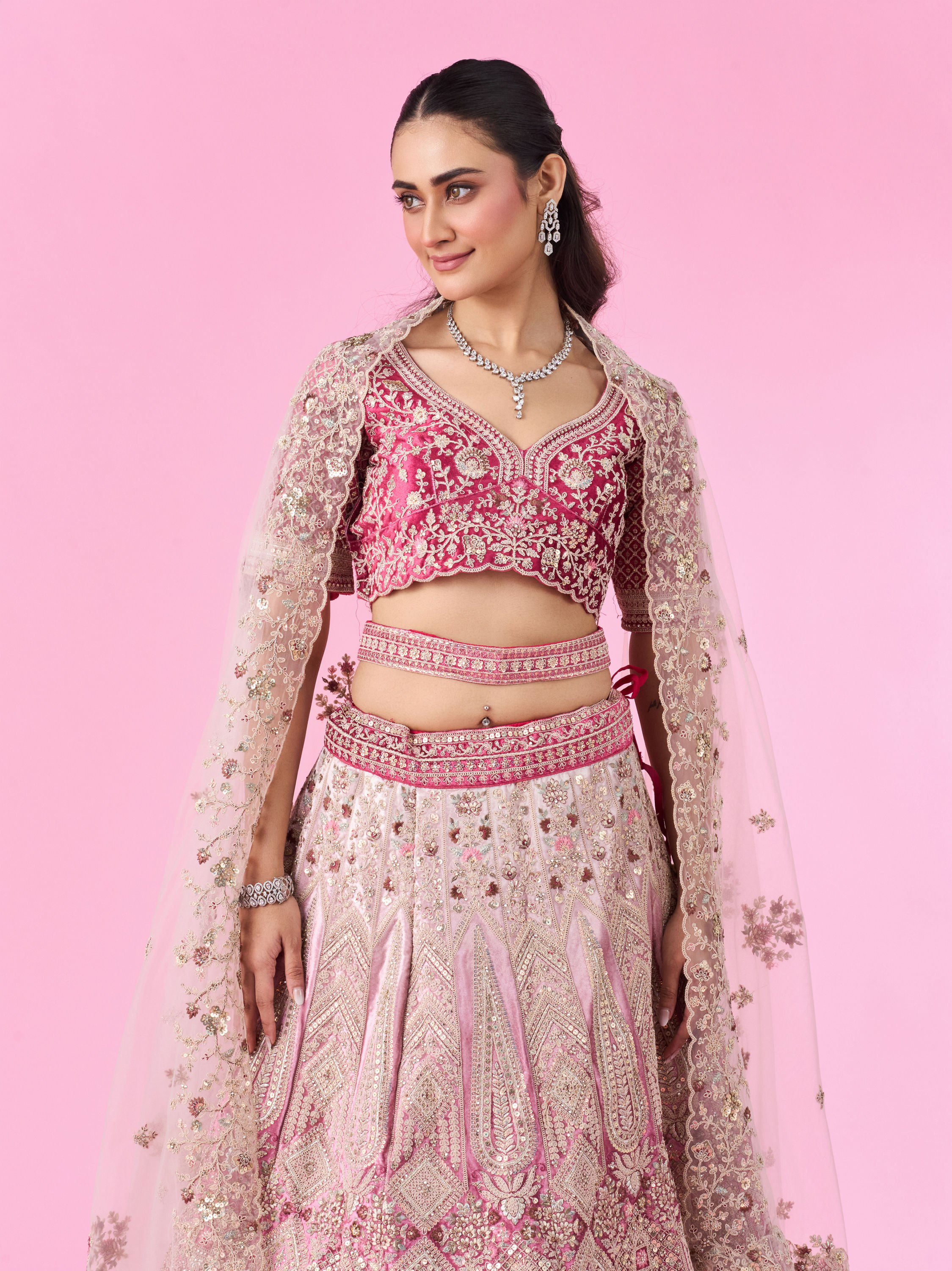 Mohey Women Coral Pink Bel Buti Embroidered Bridal Lehenga