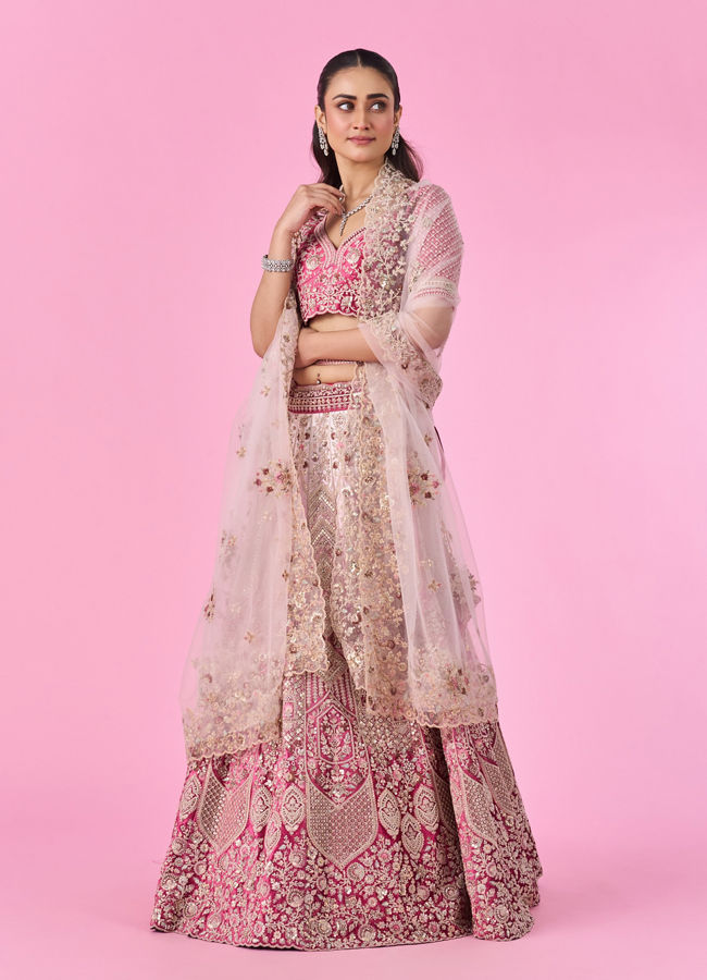Mohey Women Coral Pink Bel Buti Embroidered Bridal Lehenga