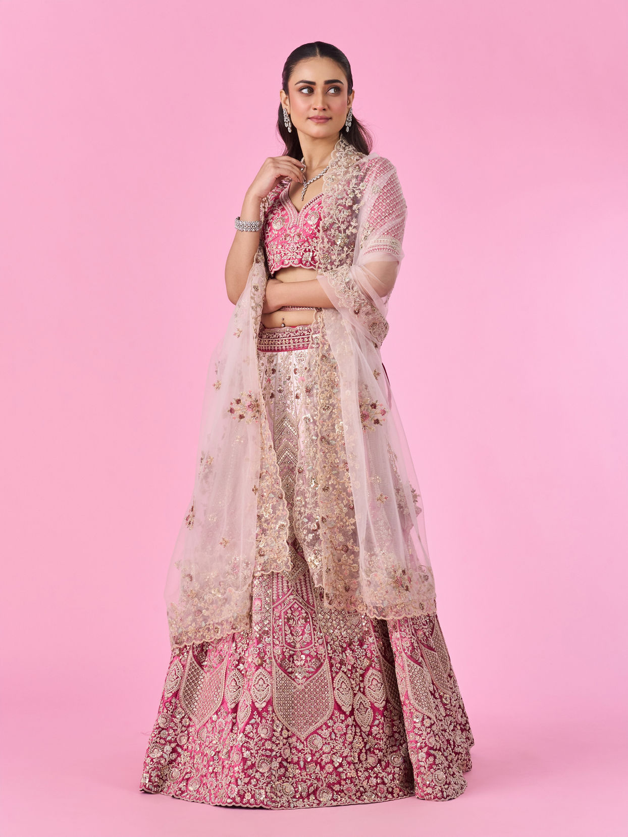 Mohey Women Coral Pink Bel Buti Embroidered Bridal Lehenga