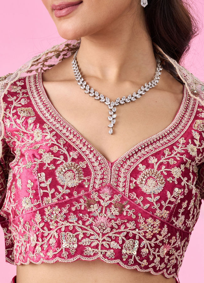 Mohey Women Coral Pink Bel Buti Embroidered Bridal Lehenga