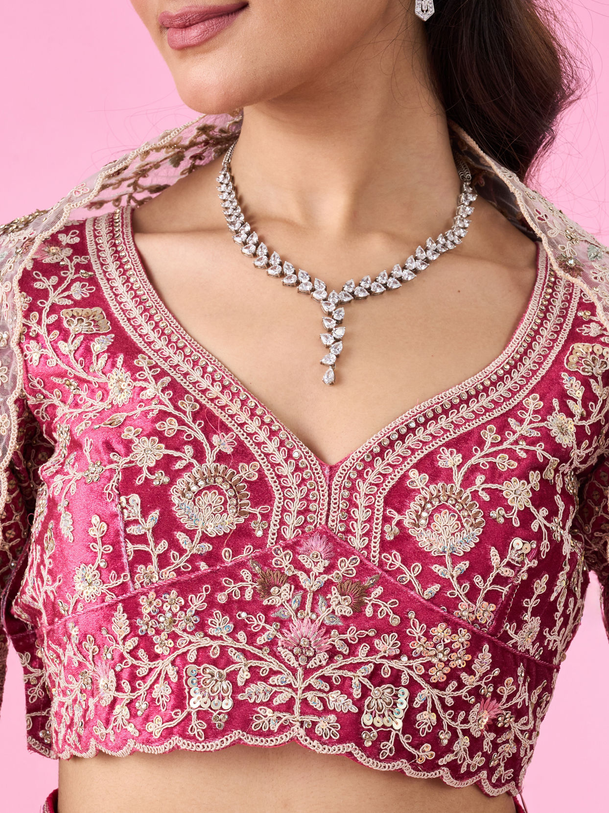 Mohey Women Coral Pink Bel Buti Embroidered Bridal Lehenga