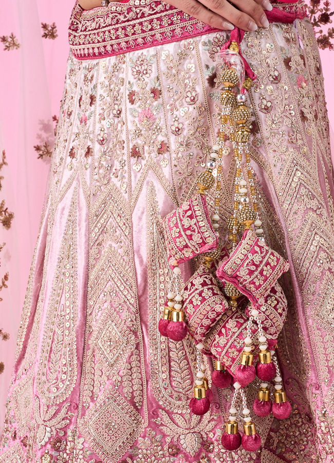 Mohey Women Coral Pink Bel Buti Embroidered Bridal Lehenga