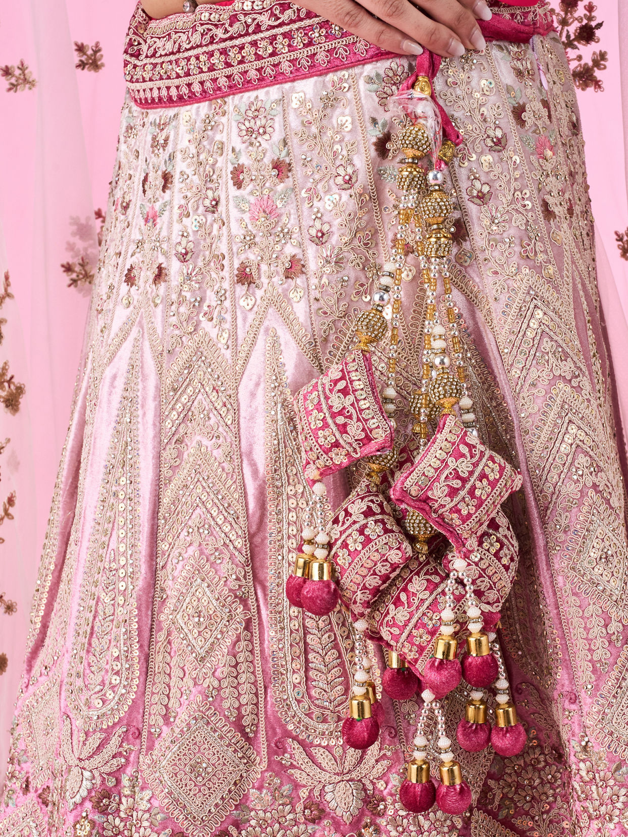 Mohey Women Coral Pink Bel Buti Embroidered Bridal Lehenga