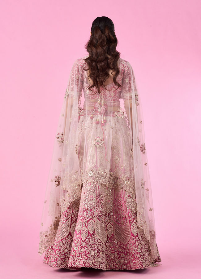 Mohey Women Coral Pink Bel Buti Embroidered Bridal Lehenga