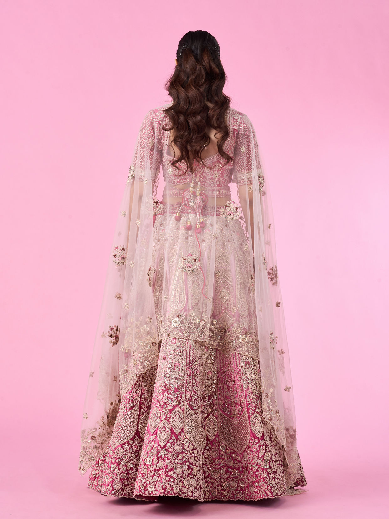 Mohey Women Coral Pink Bel Buti Embroidered Bridal Lehenga