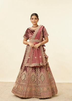Mohey Women Deep Mahogany Brown Aari Embroidered Bridal Lehenga