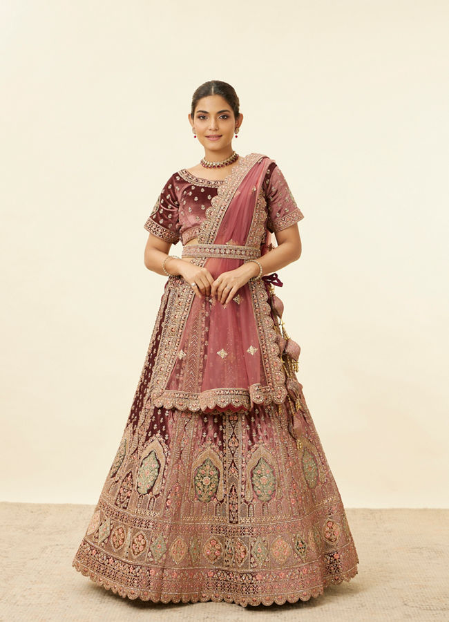 Mohey Women Deep Mahogany Brown Aari Embroidered Bridal Lehenga