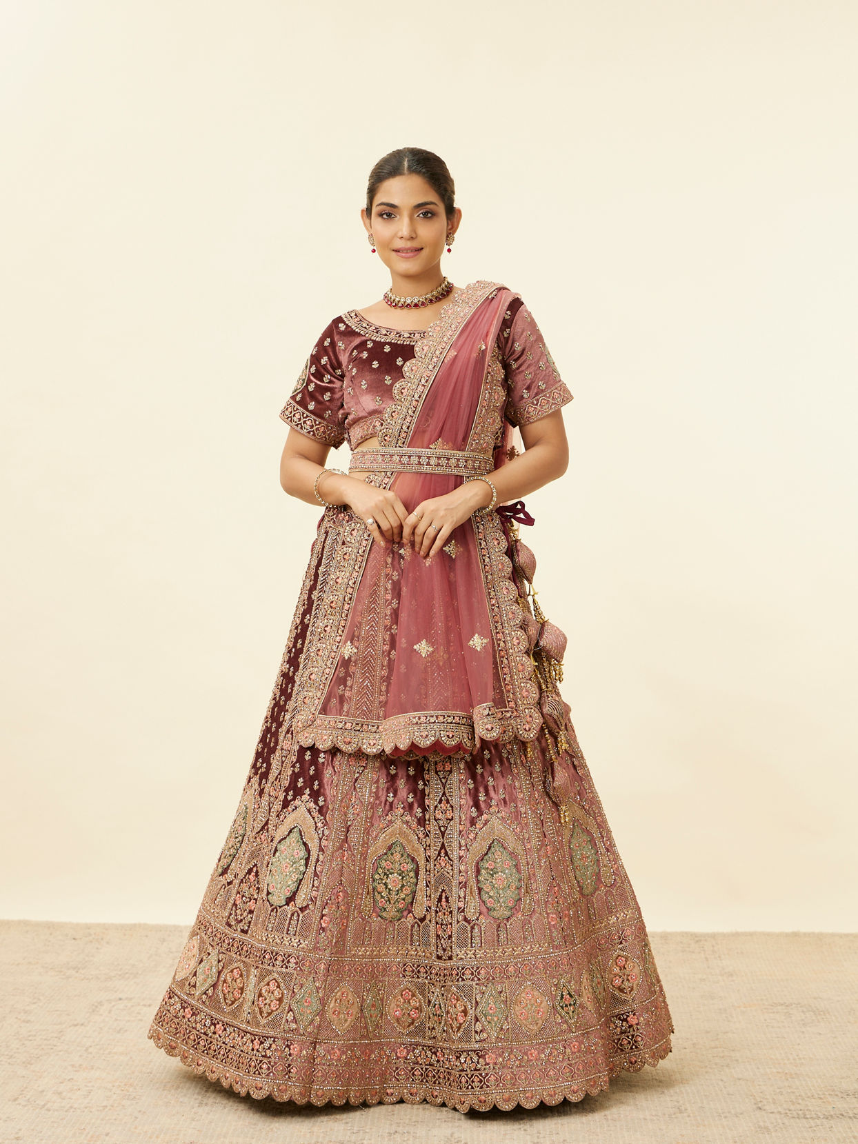Mohey Women Deep Mahogany Brown Aari Embroidered Bridal Lehenga