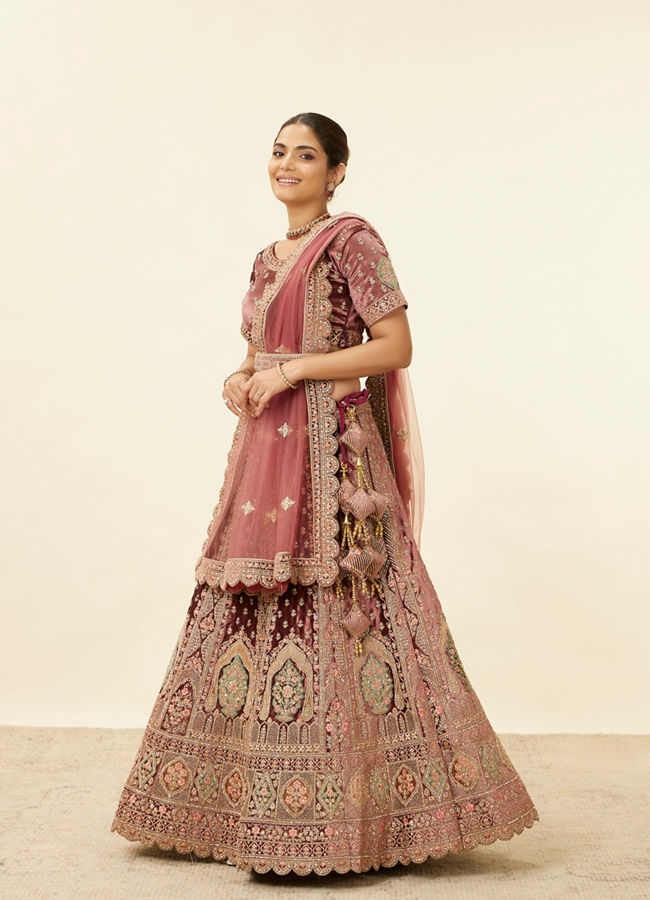 Mohey Women Deep Mahogany Brown Aari Embroidered Bridal Lehenga