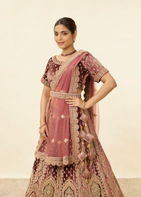 Mohey Women Deep Mahogany Brown Aari Embroidered Bridal Lehenga