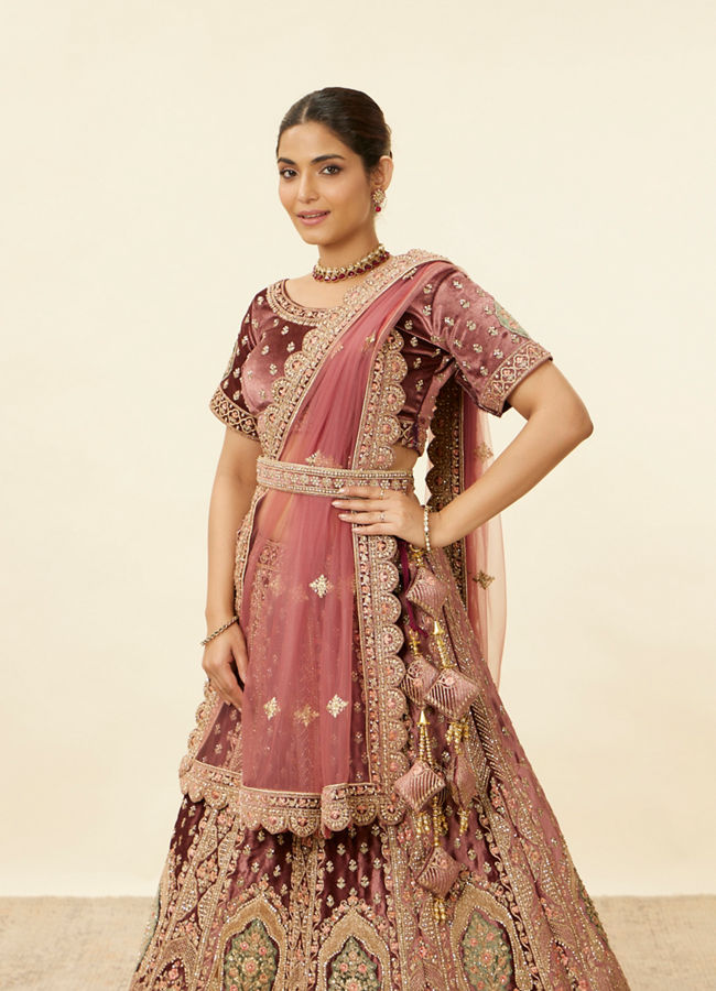 Mohey Women Deep Mahogany Brown Aari Embroidered Bridal Lehenga