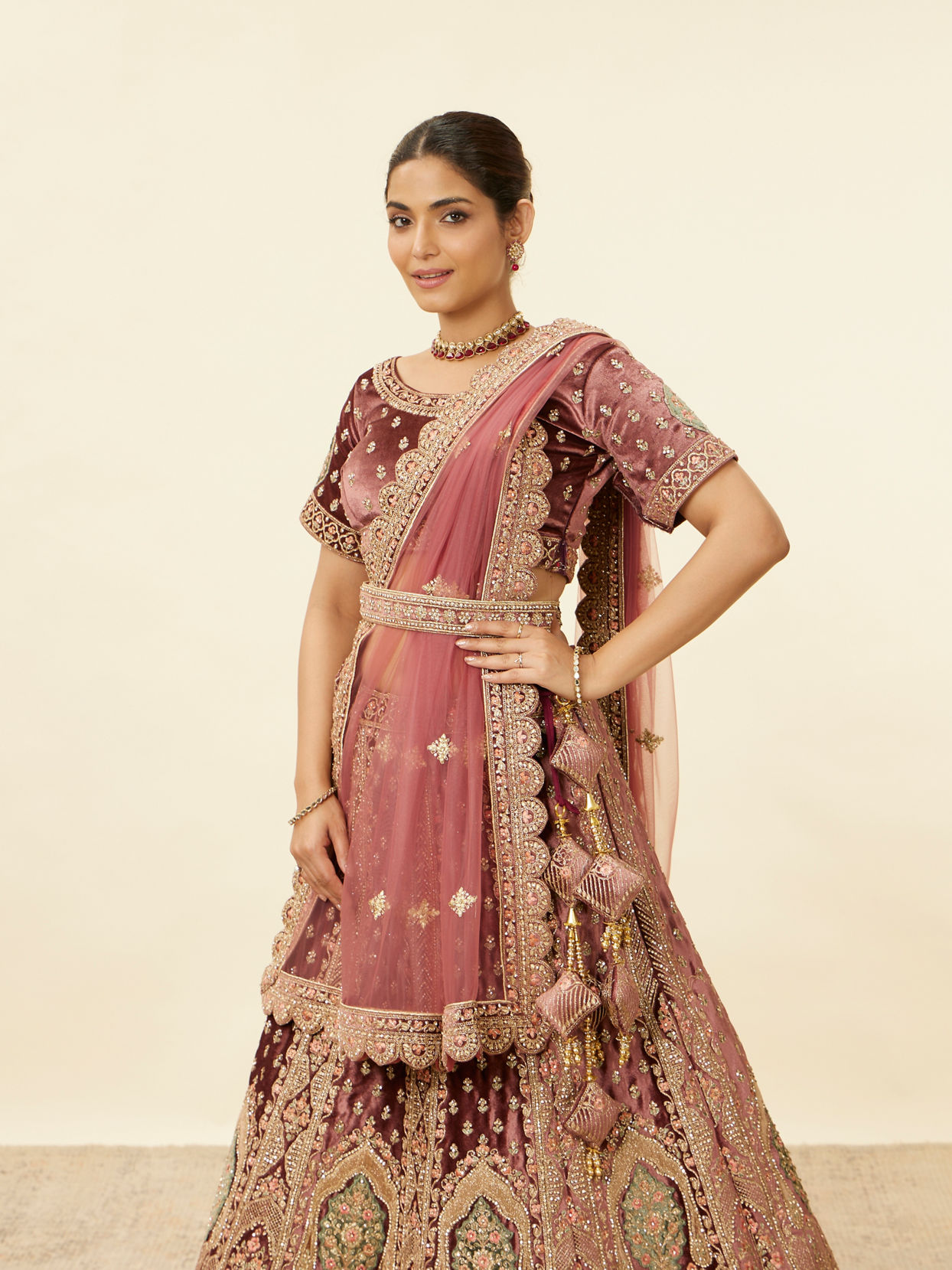 Mohey Women Deep Mahogany Brown Aari Embroidered Bridal Lehenga