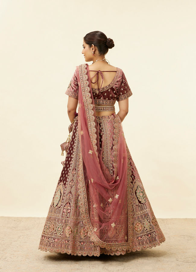 Mohey Women Deep Mahogany Brown Aari Embroidered Bridal Lehenga
