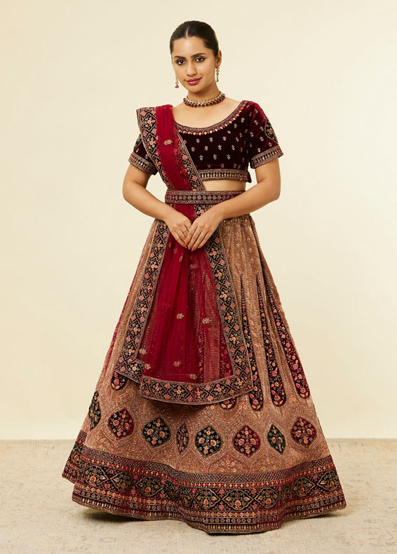 Mohey Women Fawn Bel Buti Patterned Bridal Lehenga