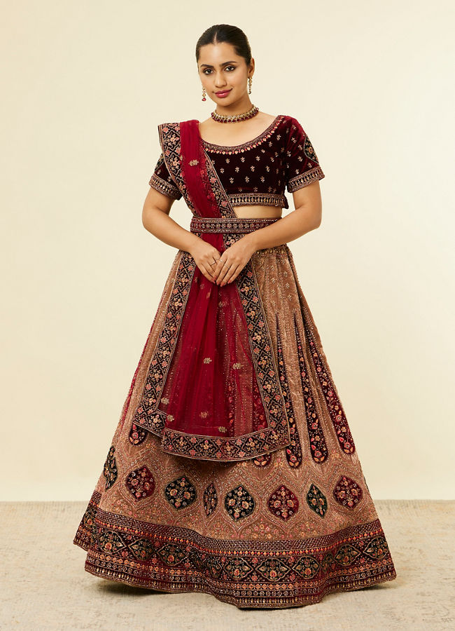 Mohey Women Fawn Bel Buti Patterned Bridal Lehenga image number 0