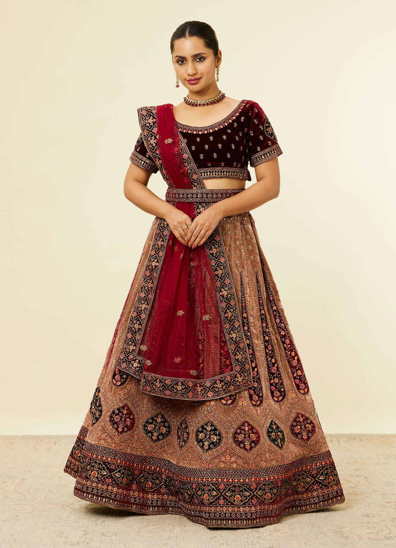 Mohey Women Fawn Bel Buti Patterned Bridal Lehenga