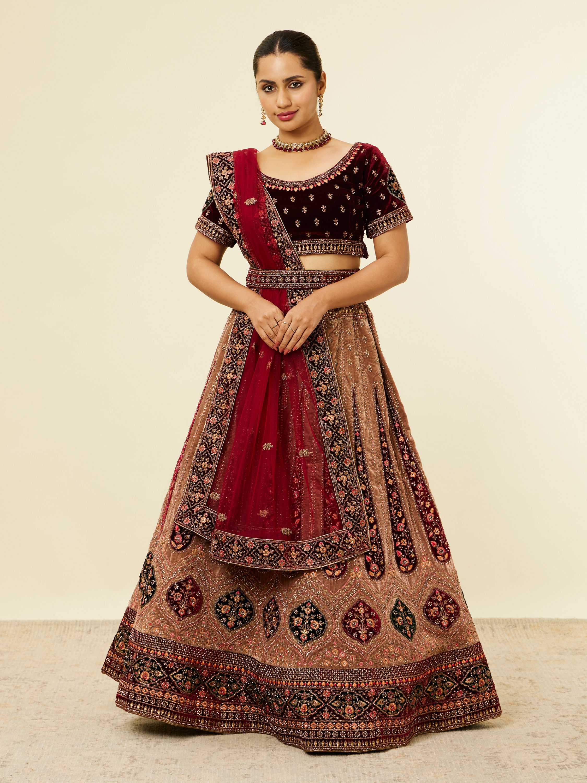 Mohey Women Fawn Bel Buti Patterned Bridal Lehenga