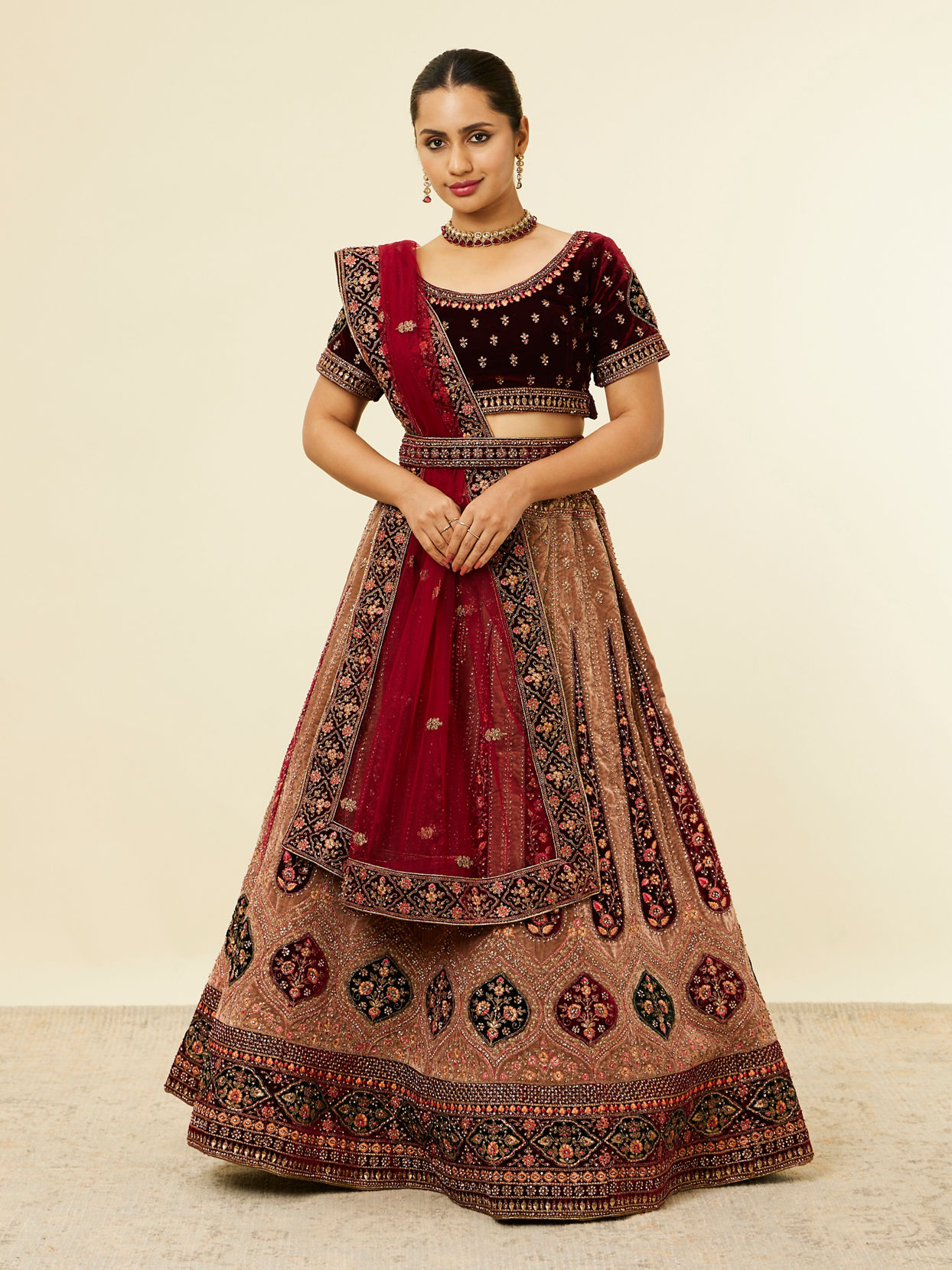 Mohey Women Fawn Bel Buti Patterned Bridal Lehenga image number 0