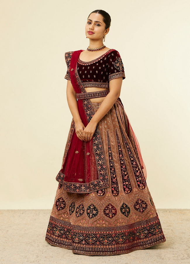 Mohey Women Fawn Bel Buti Patterned Bridal Lehenga image number 2