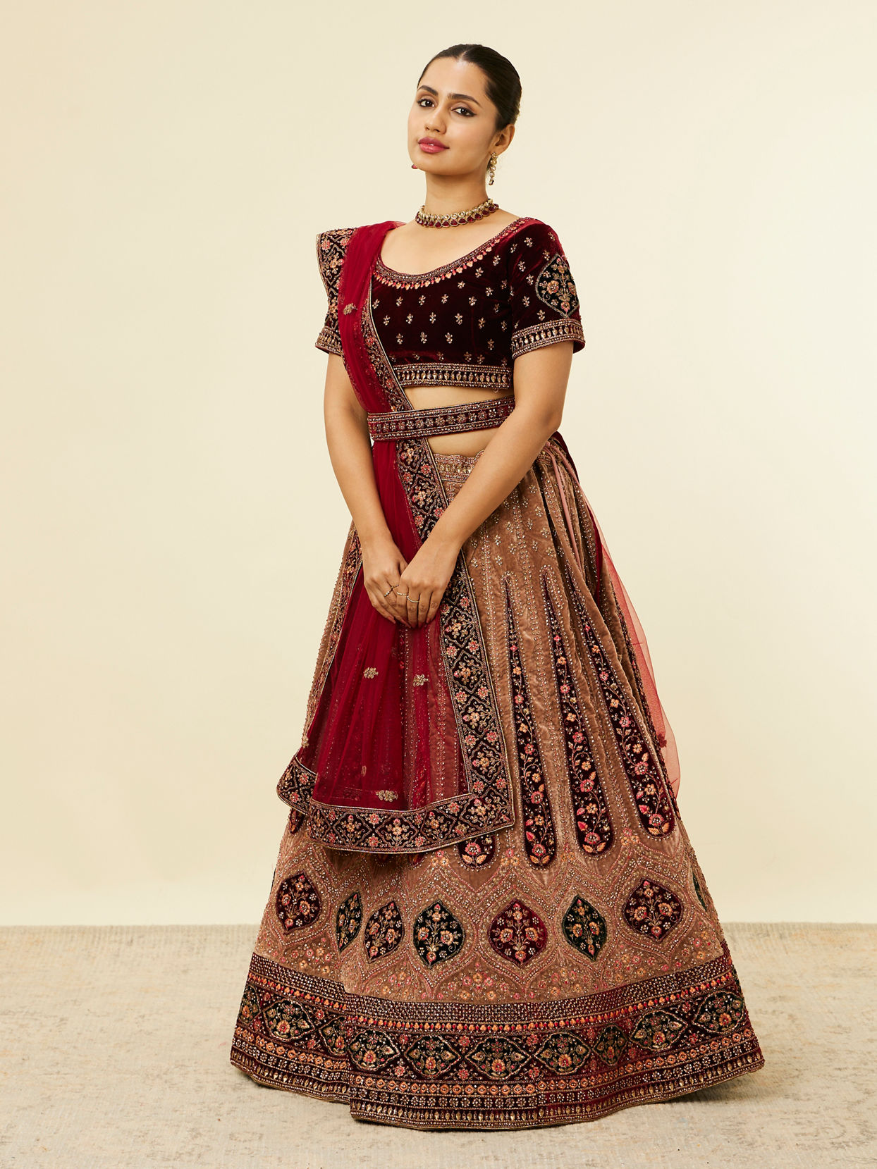 Mohey Women Fawn Bel Buti Patterned Bridal Lehenga