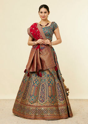 Mohey Women Teal Blue Bel Buti Embroidered Benarasi Lehenga