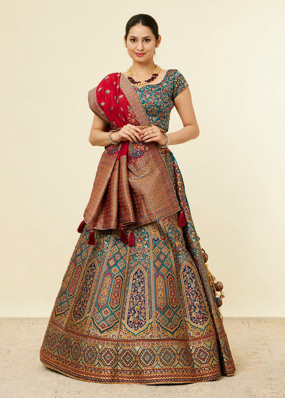 Mohey Women Teal Blue Bel Buti Embroidered Benarasi Lehenga