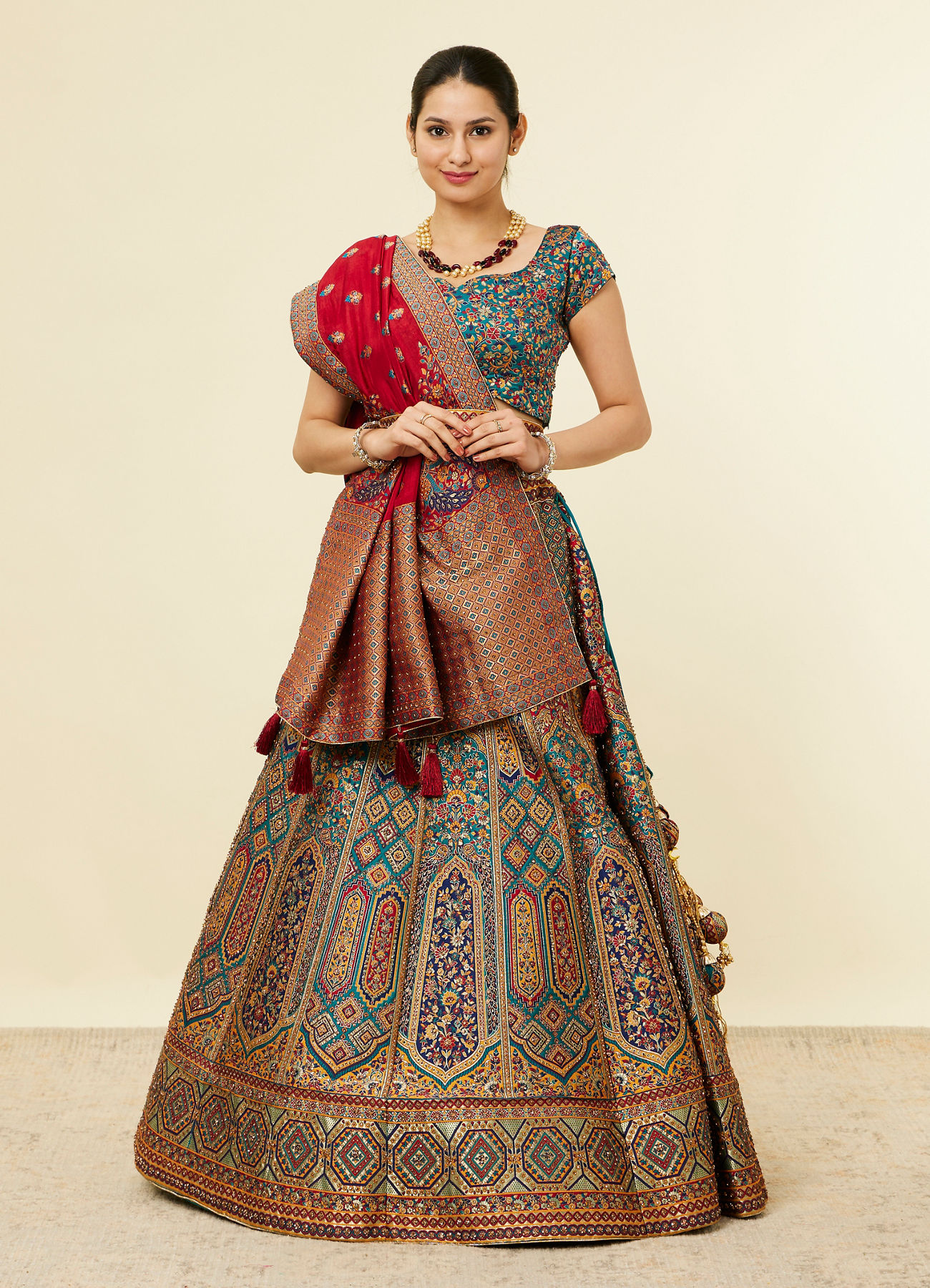 Mohey Women Teal Blue Bel Buti Embroidered Benarasi Lehenga