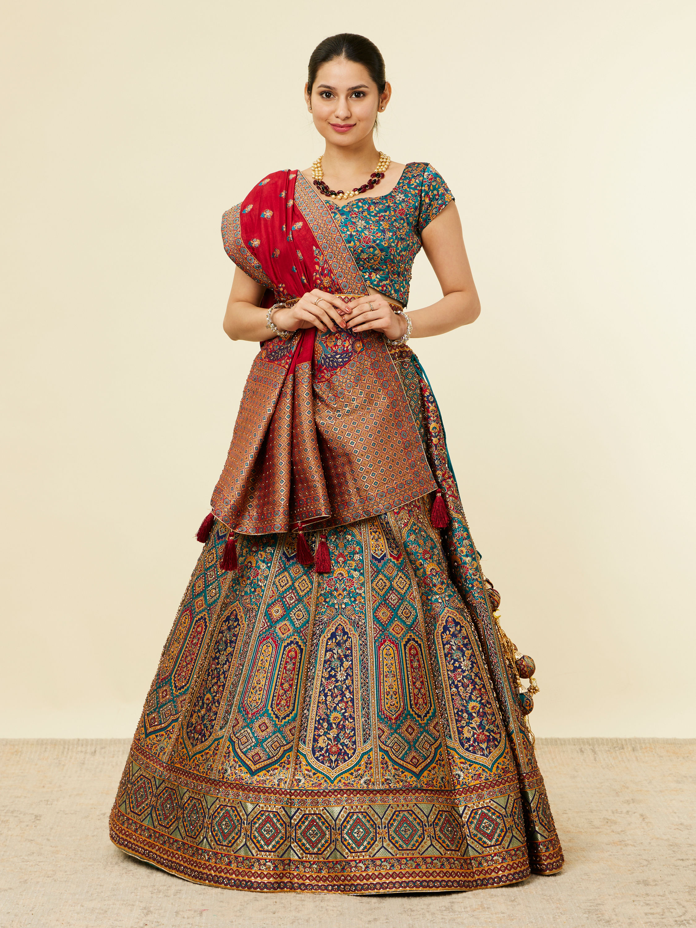 Mohey Women Teal Blue Bel Buti Embroidered Benarasi Lehenga