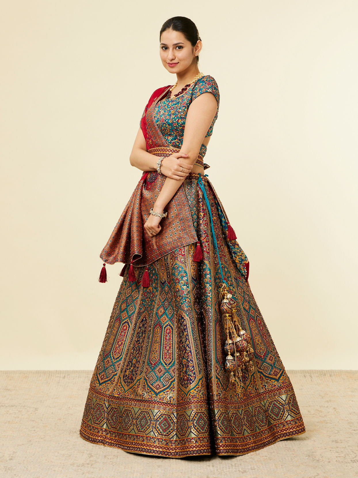 Mohey Women Teal Blue Bel Buti Embroidered Benarasi Lehenga