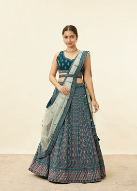 alt message - Mohey Women Teal Blue Harlequin Pattern Moti Work Lehenga image number 0