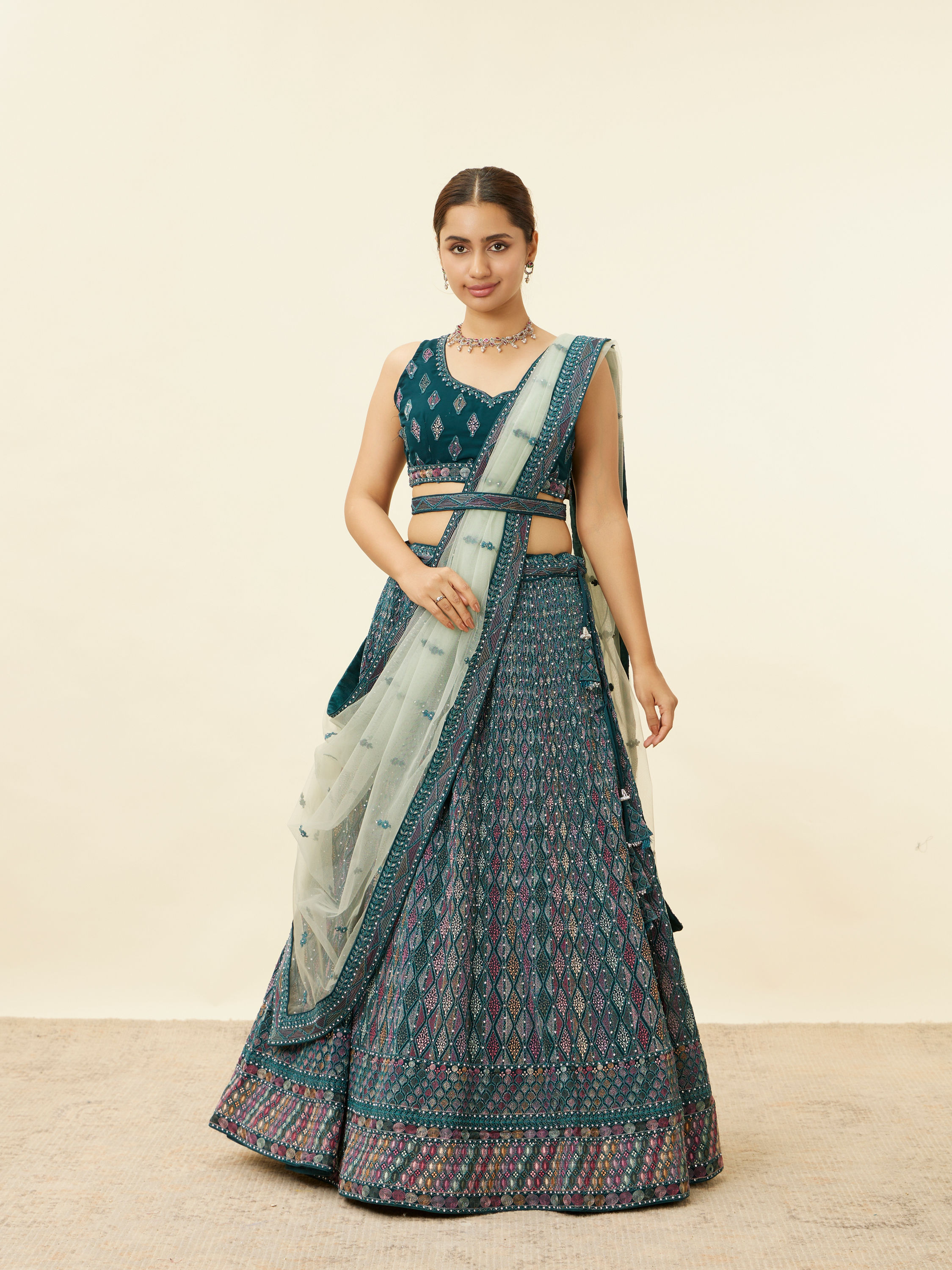 Mohey Women Teal Blue Harlequin Pattern Moti Work Lehenga