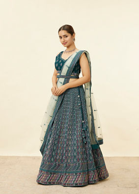 alt message - Mohey Women Teal Blue Harlequin Pattern Moti Work Lehenga image number 2