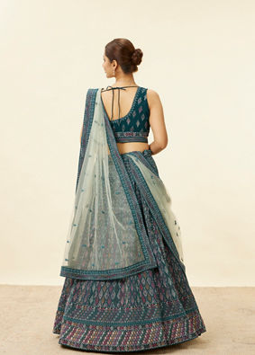 alt message - Mohey Women Teal Blue Harlequin Pattern Moti Work Lehenga image number 4