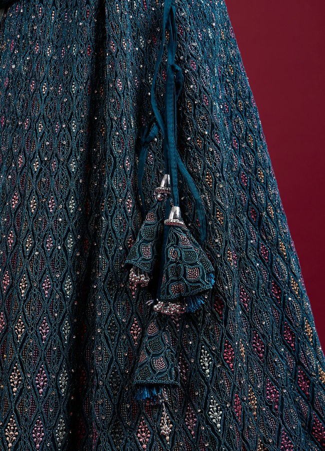 Mohey Women Teal Blue Harlequin Pattern Moti Work Lehenga
