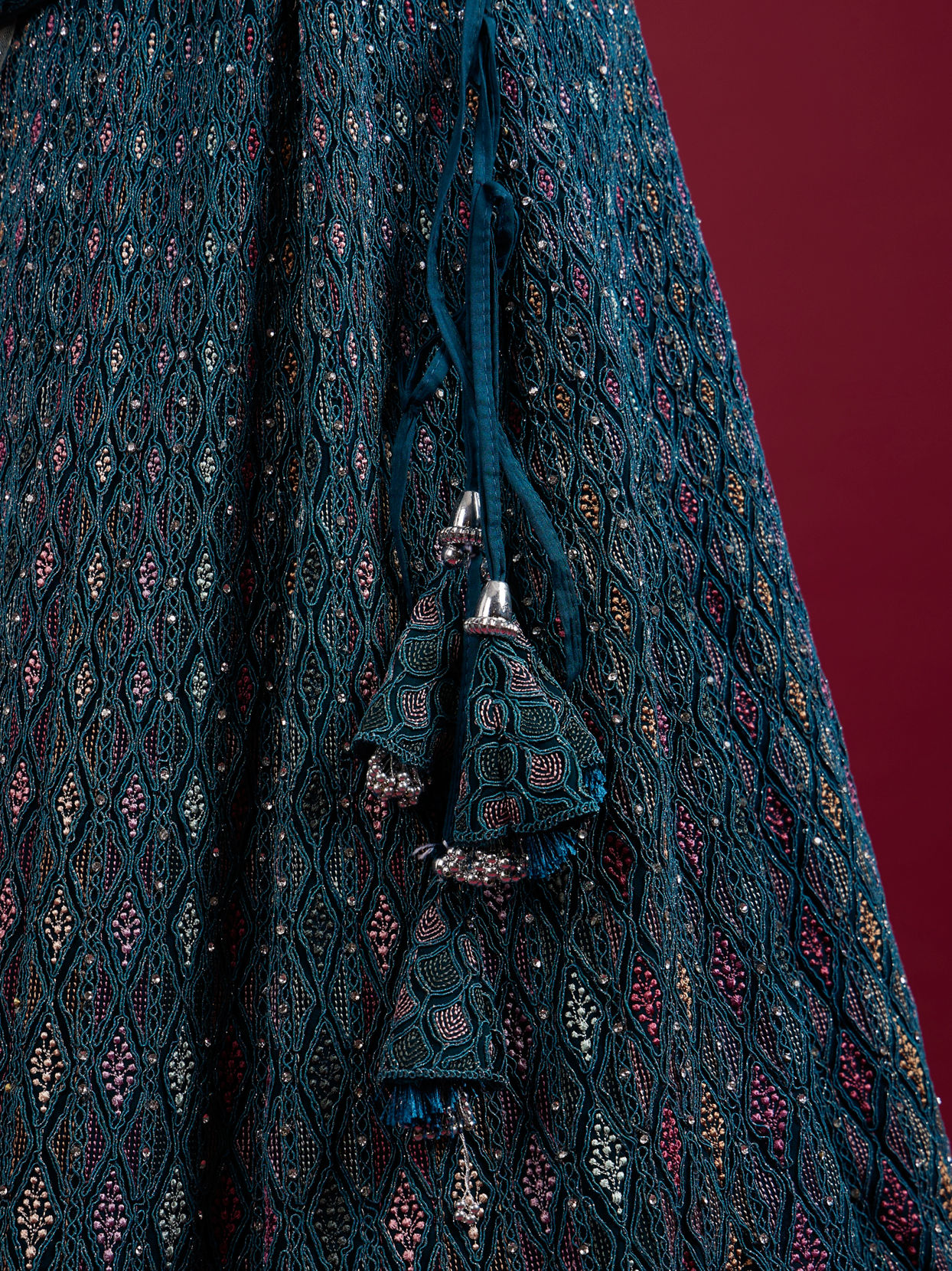Mohey Women Teal Blue Harlequin Pattern Moti Work Lehenga