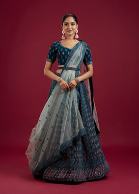 Mohey Women Teal Blue Harlequin Pattern Moti Work Lehenga