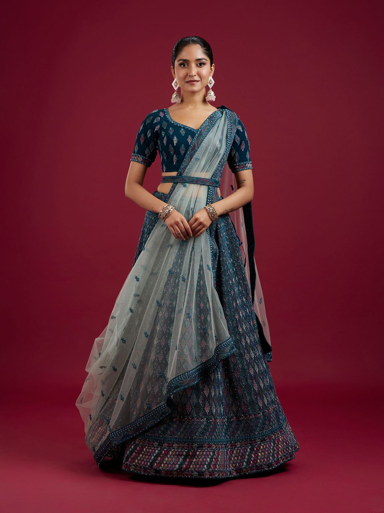 Mohey Women Teal Blue Harlequin Pattern Moti Work Lehenga