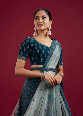 Mohey Women Teal Blue Harlequin Pattern Moti Work Lehenga