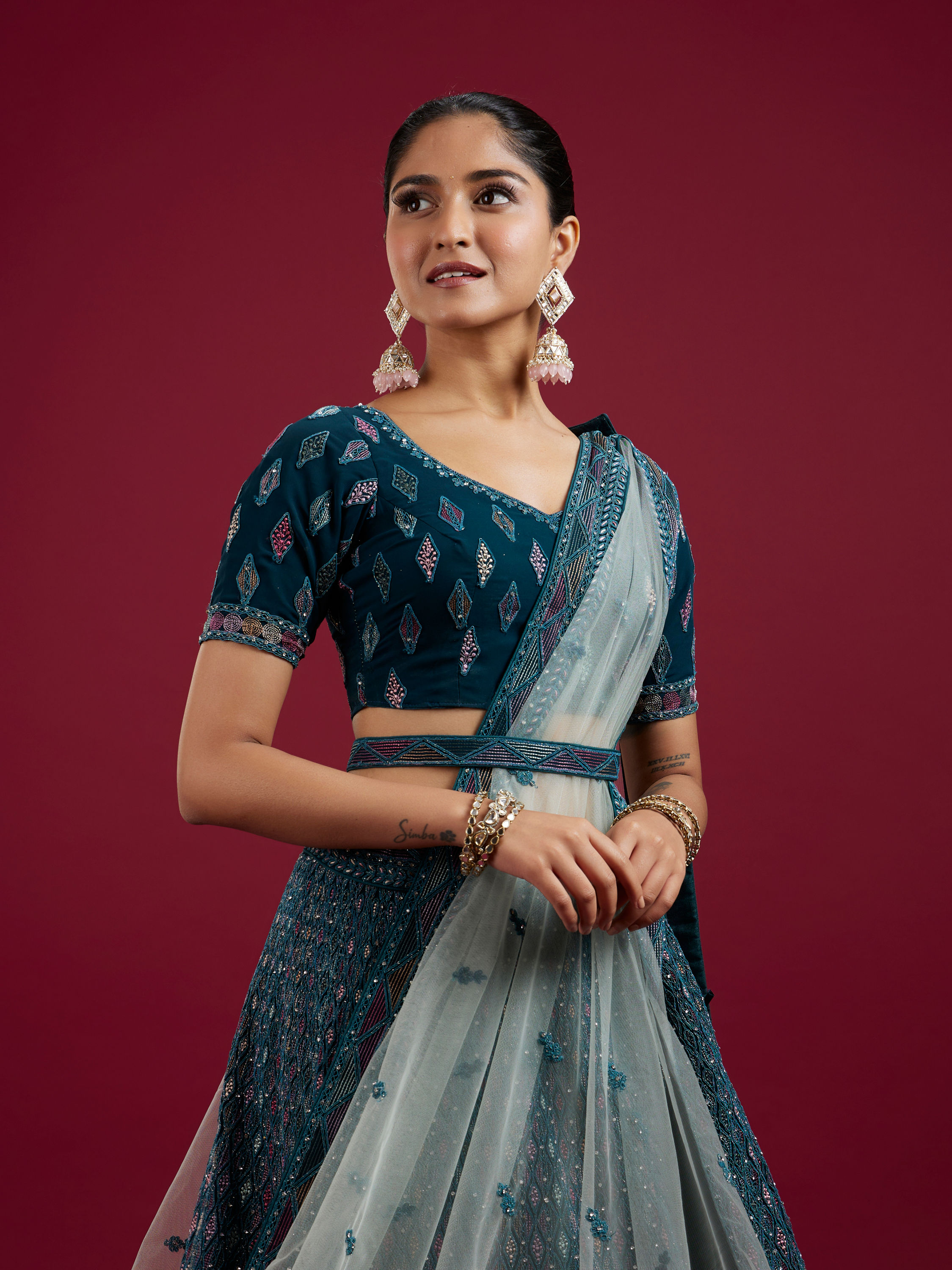 Mohey Women Teal Blue Harlequin Pattern Moti Work Lehenga