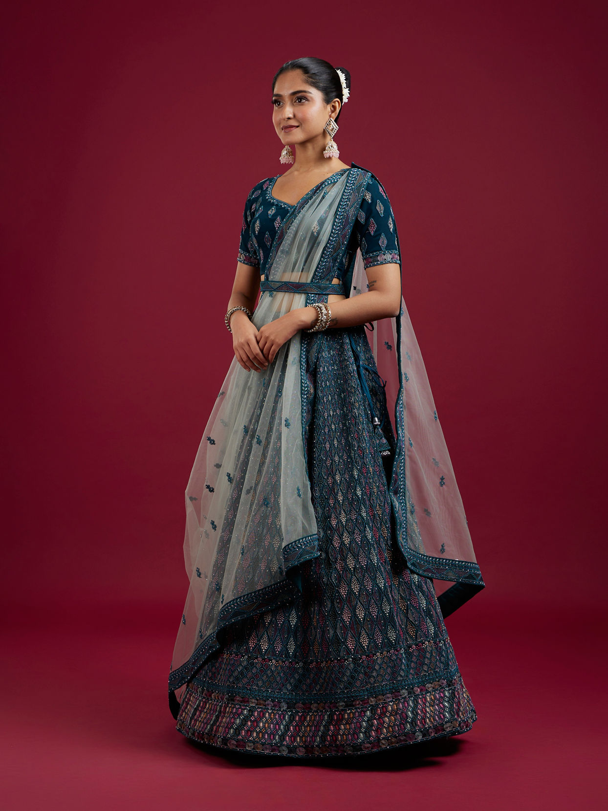 Mohey Women Teal Blue Harlequin Pattern Moti Work Lehenga