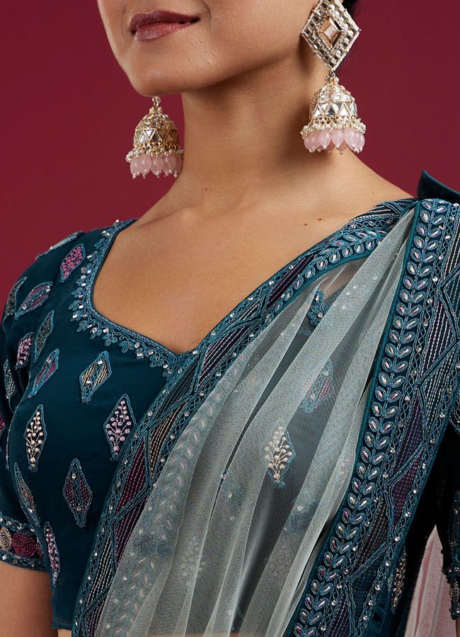 Mohey Women Teal Blue Harlequin Pattern Moti Work Lehenga