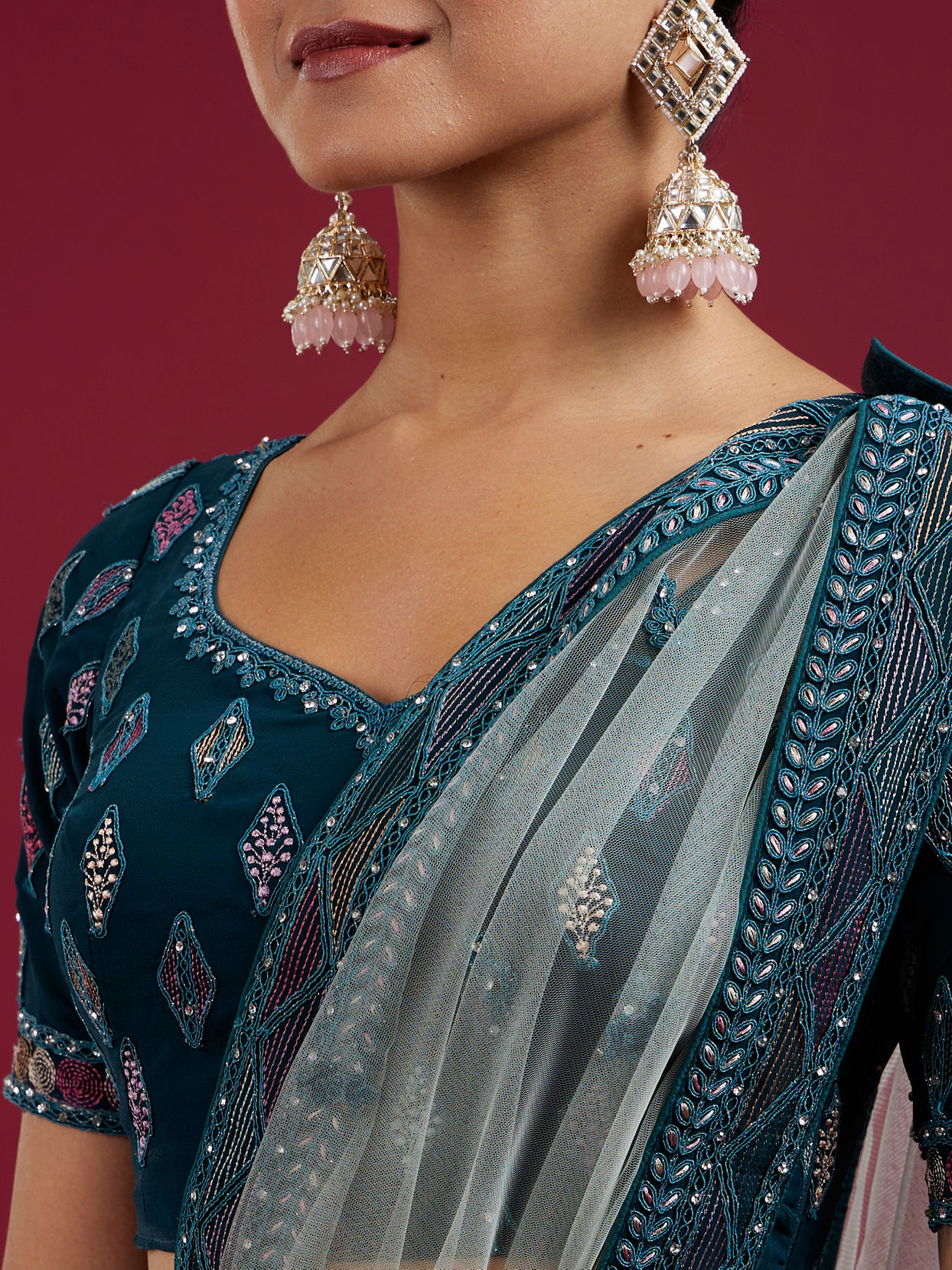 Mohey Women Teal Blue Harlequin Pattern Moti Work Lehenga