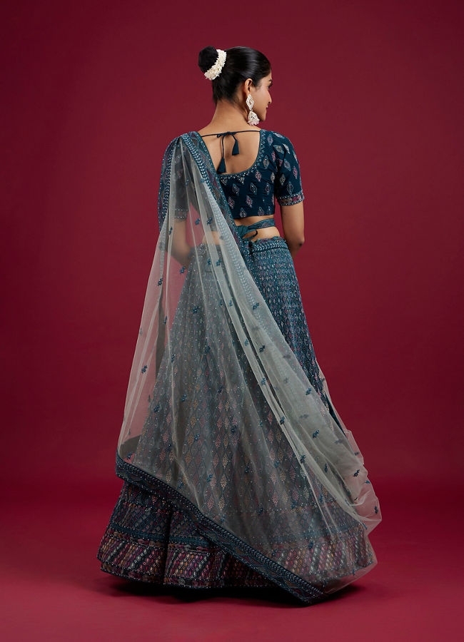 Mohey Women Teal Blue Harlequin Pattern Moti Work Lehenga